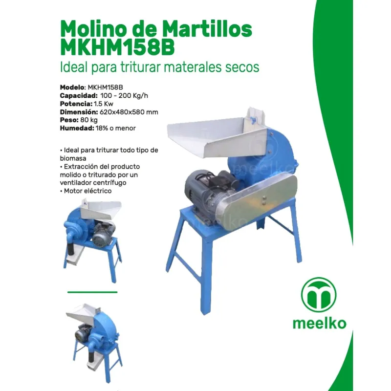 Imagen del producto Molino de Martillos Monofásico MKH158B de 1,5 kW, 100–200 kg/h - Meelko